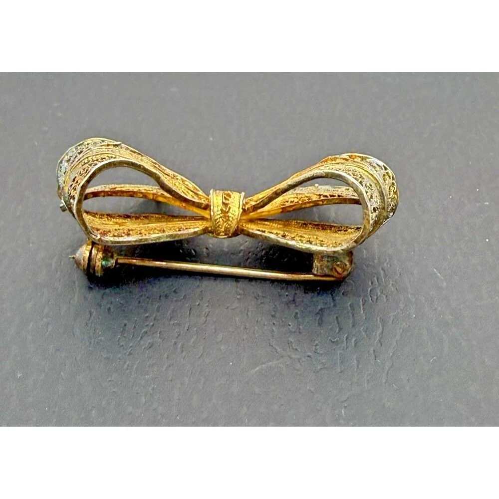 Vintage Sterling Silver Filigree Bow Brooch‎ Gold Wash Gilded Victorian Pin